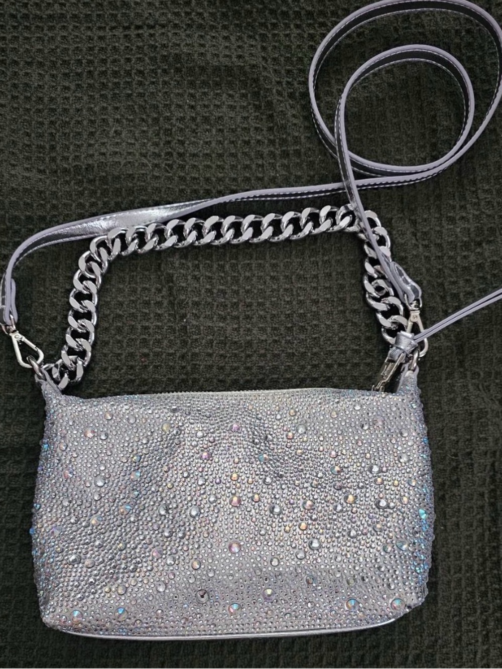Betsey Johnson Silver Crystal Crossbody Bag with Chain Strap